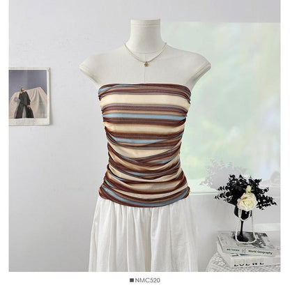 Multicolor Striped Ruched Crop Tube Top