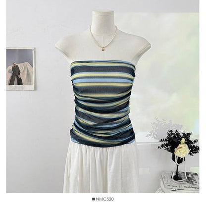 Multicolor Striped Ruched Crop Tube Top