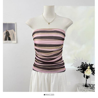 Multicolor Striped Ruched Crop Tube Top