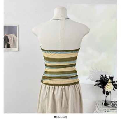 Multicolor Striped Ruched Crop Tube Top