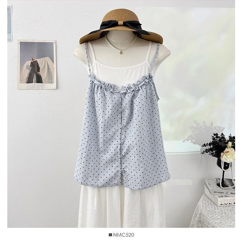 Set: Plain Camisole Top + Micro Dot Frill Trim Button-Up Camisole Top