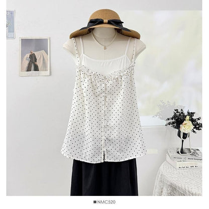 Set: Plain Camisole Top + Micro Dot Frill Trim Button-Up Camisole Top