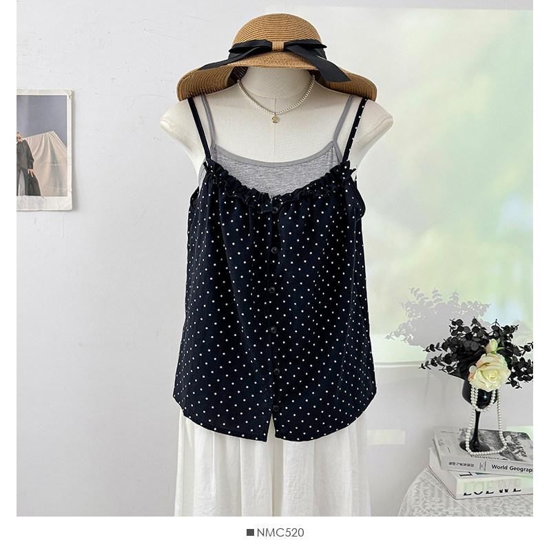Set: Plain Camisole Top + Micro Dot Frill Trim Button-Up Camisole Top