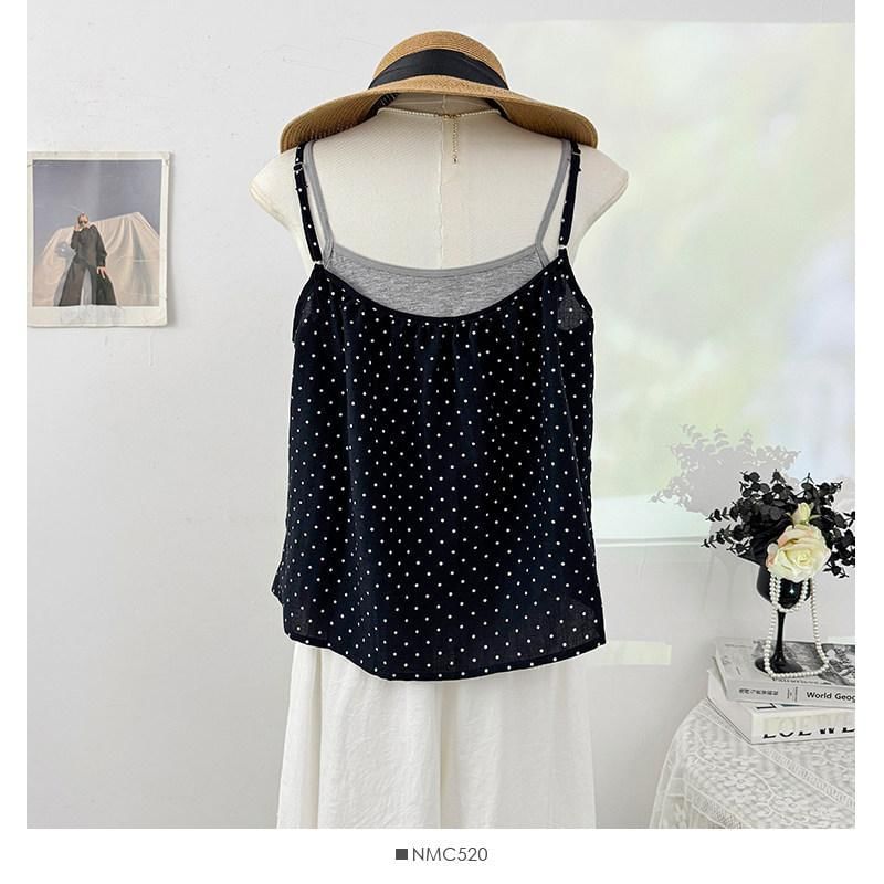 Set: Plain Camisole Top + Micro Dot Frill Trim Button-Up Camisole Top