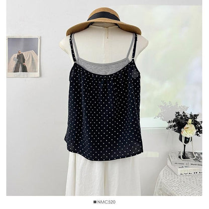 Set: Plain Camisole Top + Micro Dot Frill Trim Button-Up Camisole Top