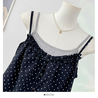 Set: Plain Camisole Top + Micro Dot Frill Trim Button-Up Camisole Top