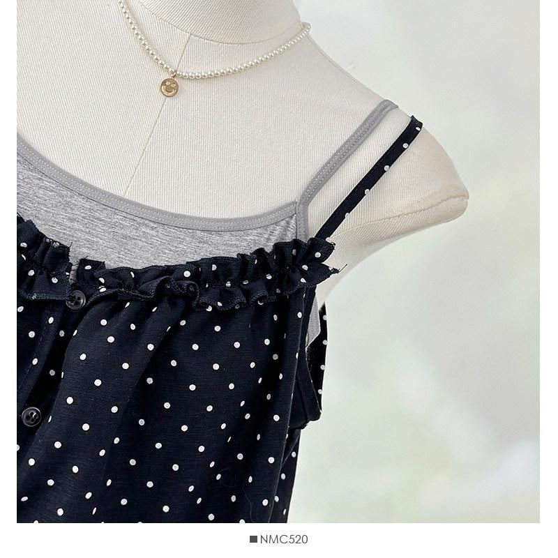 Set: Plain Camisole Top + Micro Dot Frill Trim Button-Up Camisole Top