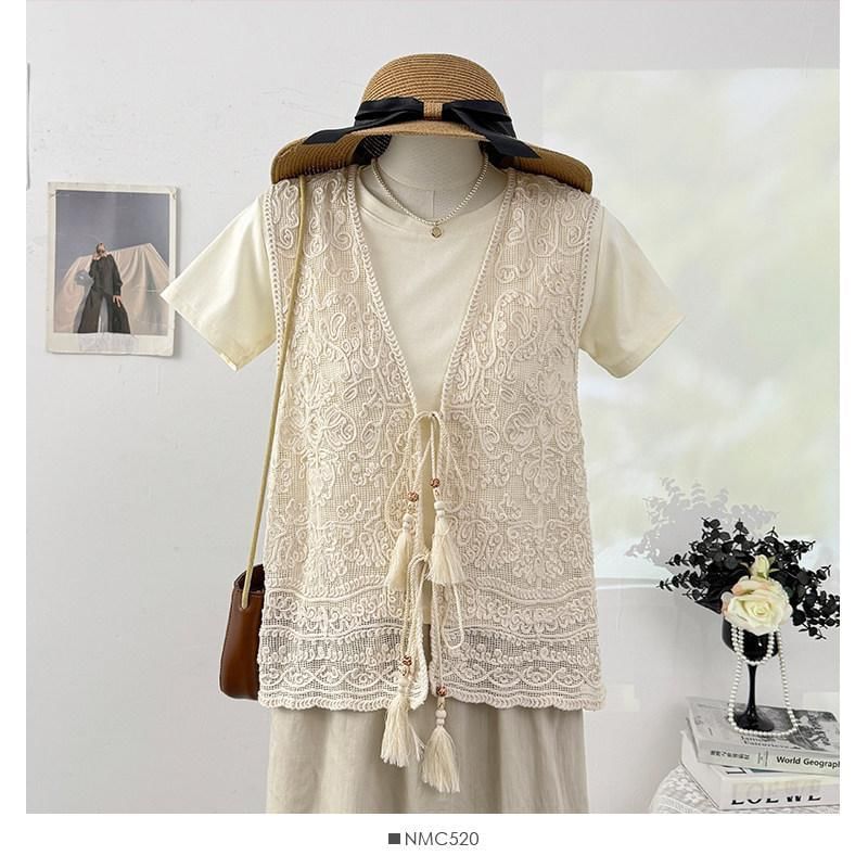 V-Neck Tassel Tie Front Lace Vest / Short-Sleeve Crew Neck Plain T-Shirt / Set