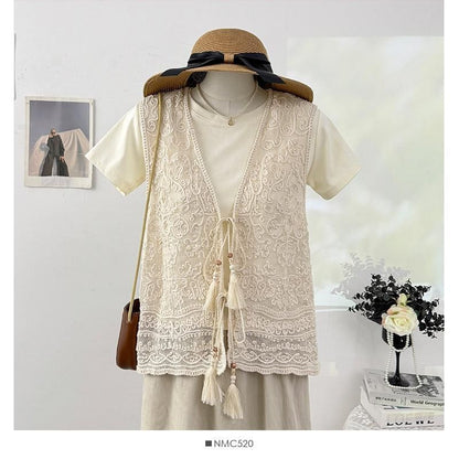 V-Neck Tassel Tie Front Lace Vest / Short-Sleeve Crew Neck Plain T-Shirt / Set