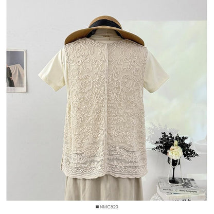 V-Neck Tassel Tie Front Lace Vest / Short-Sleeve Crew Neck Plain T-Shirt / Set