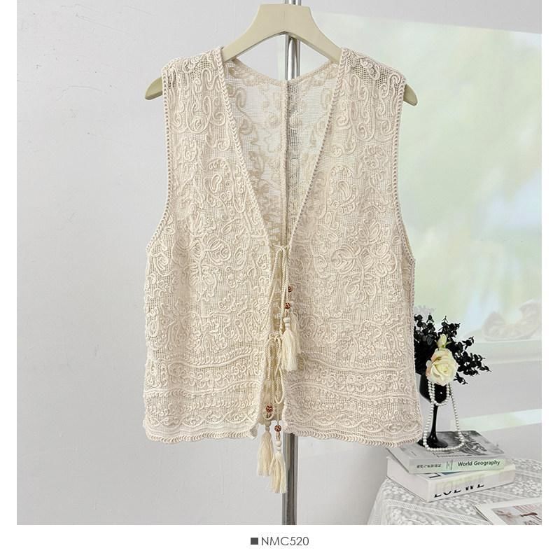 V-Neck Tassel Tie Front Lace Vest / Short-Sleeve Crew Neck Plain T-Shirt / Set