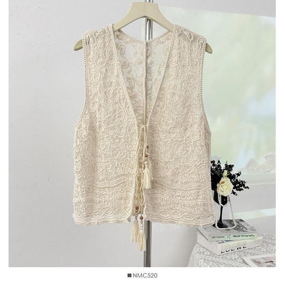 V-Neck Tassel Tie Front Lace Vest / Short-Sleeve Crew Neck Plain T-Shirt / Set