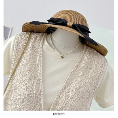 V-Neck Tassel Tie Front Lace Vest / Short-Sleeve Crew Neck Plain T-Shirt / Set