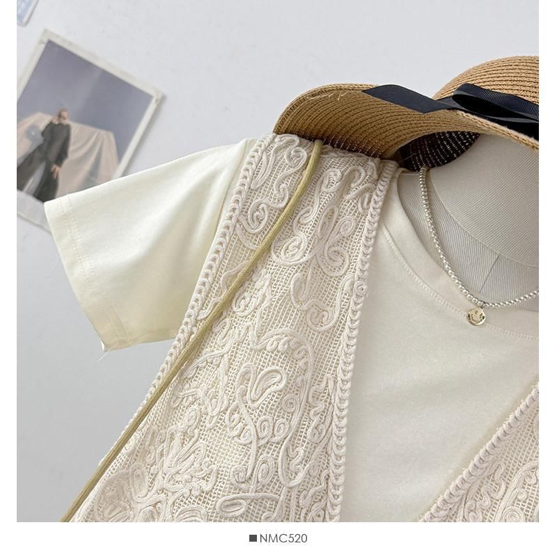 V-Neck Tassel Tie Front Lace Vest / Short-Sleeve Crew Neck Plain T-Shirt / Set