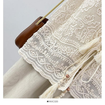 V-Neck Tassel Tie Front Lace Vest / Short-Sleeve Crew Neck Plain T-Shirt / Set