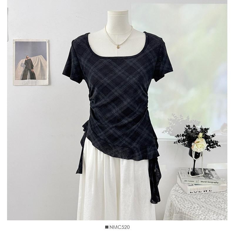 Short-Sleeve Square Neck Plaid Asymmetrical Ruched T-Shirt