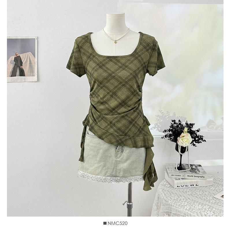Short-Sleeve Square Neck Plaid Asymmetrical Ruched T-Shirt