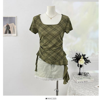 Short-Sleeve Square Neck Plaid Asymmetrical Ruched T-Shirt