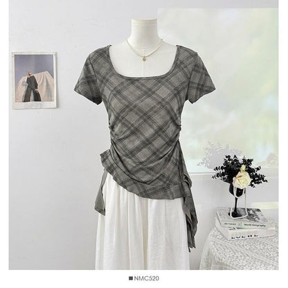 Short-Sleeve Square Neck Plaid Asymmetrical Ruched T-Shirt