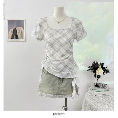 Short-Sleeve Square Neck Plaid Asymmetrical Ruched T-Shirt
