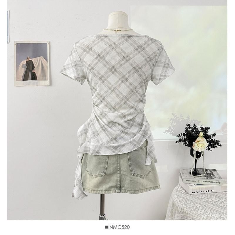 Short-Sleeve Square Neck Plaid Asymmetrical Ruched T-Shirt
