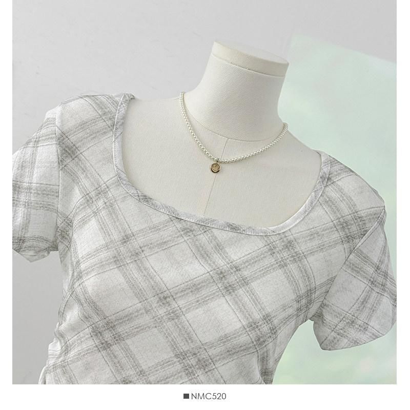Short-Sleeve Square Neck Plaid Asymmetrical Ruched T-Shirt