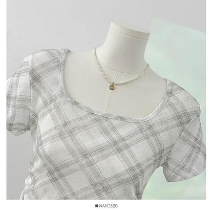 Short-Sleeve Square Neck Plaid Asymmetrical Ruched T-Shirt