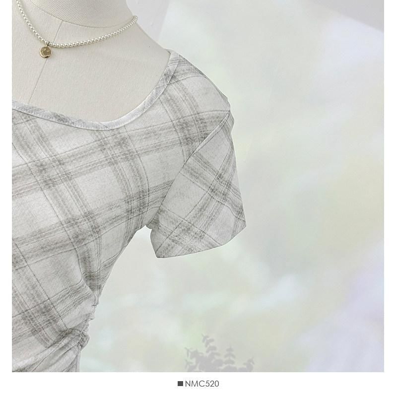 Short-Sleeve Square Neck Plaid Asymmetrical Ruched T-Shirt