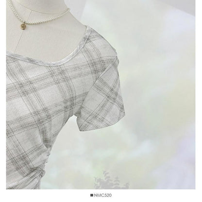 Short-Sleeve Square Neck Plaid Asymmetrical Ruched T-Shirt