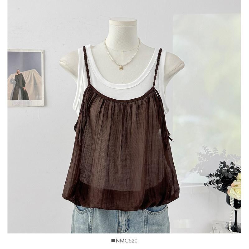Mock Two-Piece Scoop Neck Bubble Hem Tank Top