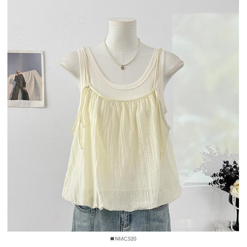 Mock Two-Piece Scoop Neck Bubble Hem Tank Top