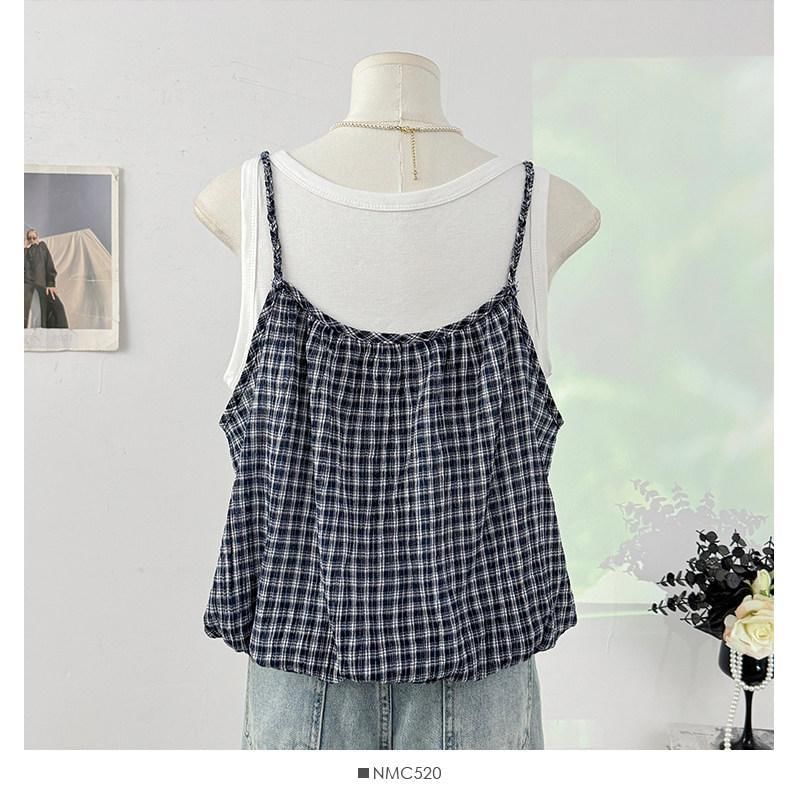 Mock Two-Piece Scoop Neck Bubble Hem Tank Top