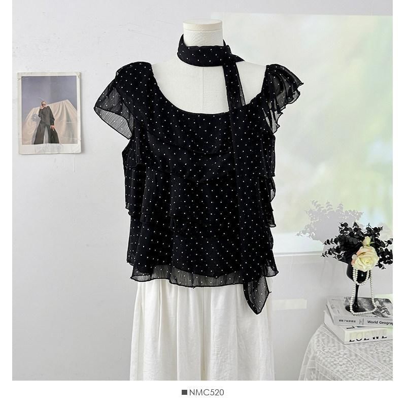 Set: Cap-Sleeve Asymmetrical Neck Micro Dot Tiered Ruffle Blouse + Skinny Scarf