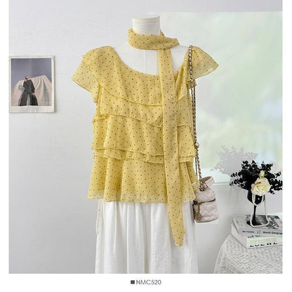 Set: Cap-Sleeve Asymmetrical Neck Micro Dot Tiered Ruffle Blouse + Skinny Scarf
