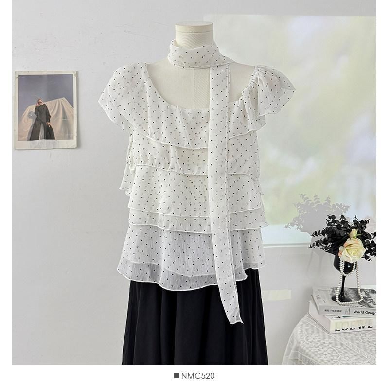 Set: Cap-Sleeve Asymmetrical Neck Micro Dot Tiered Ruffle Blouse + Skinny Scarf