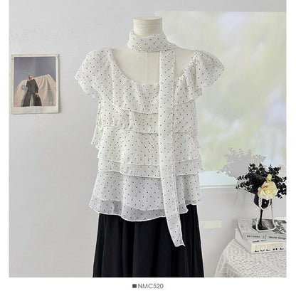 Set: Cap-Sleeve Asymmetrical Neck Micro Dot Tiered Ruffle Blouse + Skinny Scarf