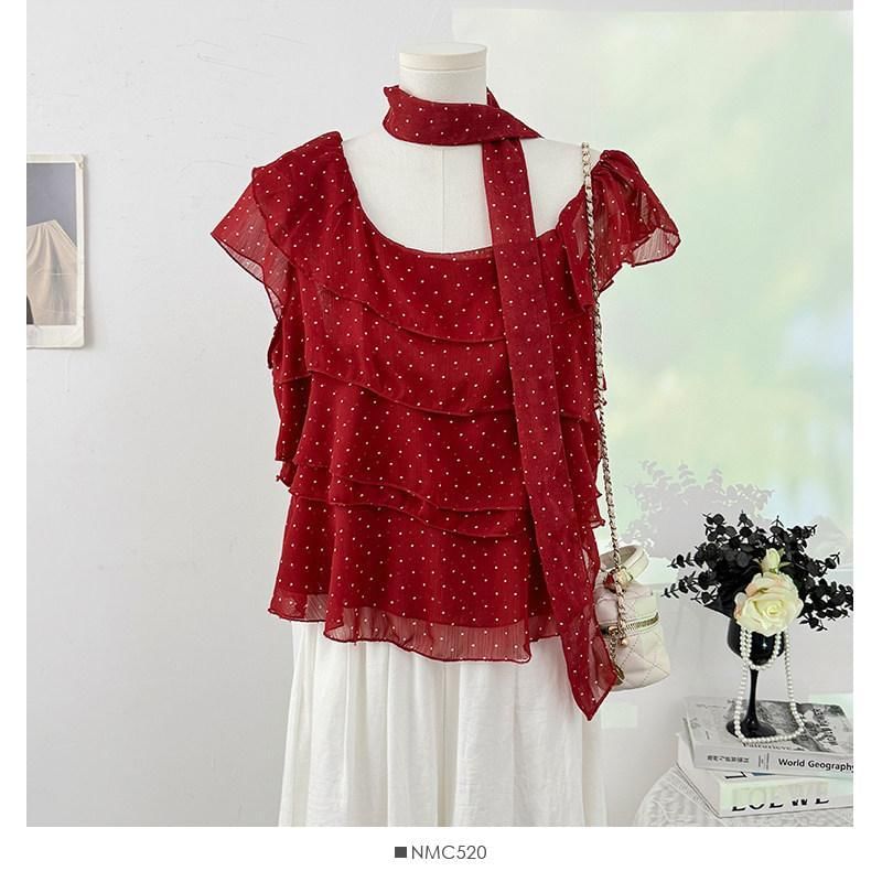 Set: Cap-Sleeve Asymmetrical Neck Micro Dot Tiered Ruffle Blouse + Skinny Scarf