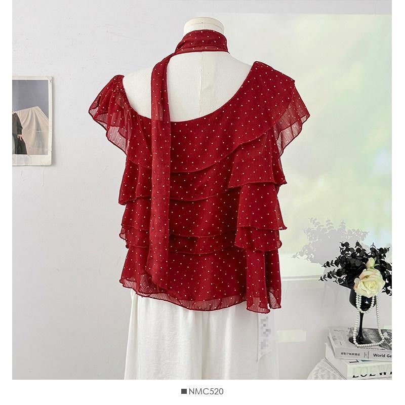 Set: Cap-Sleeve Asymmetrical Neck Micro Dot Tiered Ruffle Blouse + Skinny Scarf