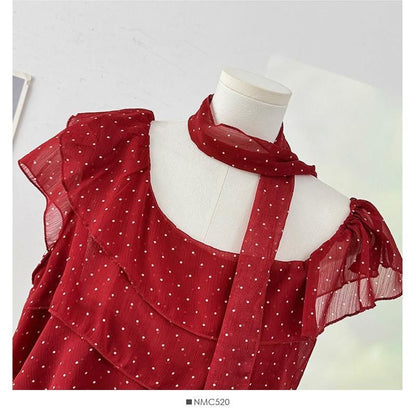 Set: Cap-Sleeve Asymmetrical Neck Micro Dot Tiered Ruffle Blouse + Skinny Scarf