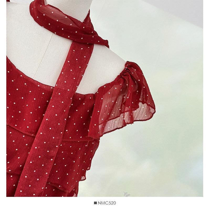 Set: Cap-Sleeve Asymmetrical Neck Micro Dot Tiered Ruffle Blouse + Skinny Scarf