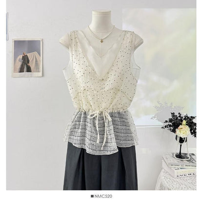 V-Neck Micro Dot Mesh Panel Drawstring Waist Tank Top