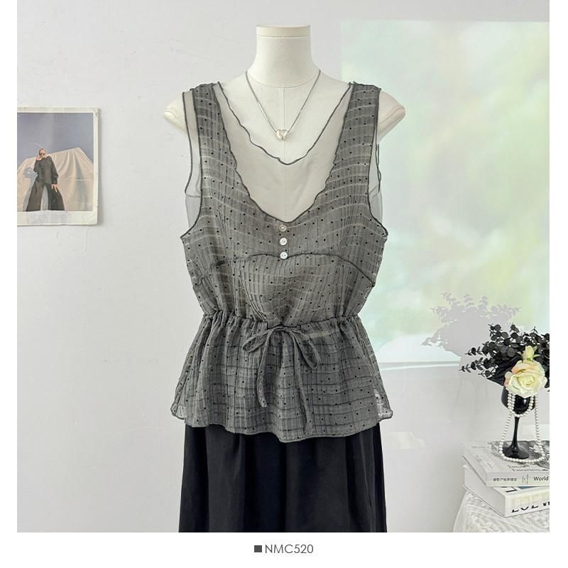 V-Neck Micro Dot Mesh Panel Drawstring Waist Tank Top