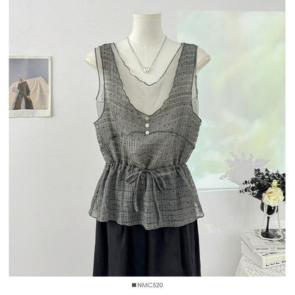 V-Neck Micro Dot Mesh Panel Drawstring Waist Tank Top