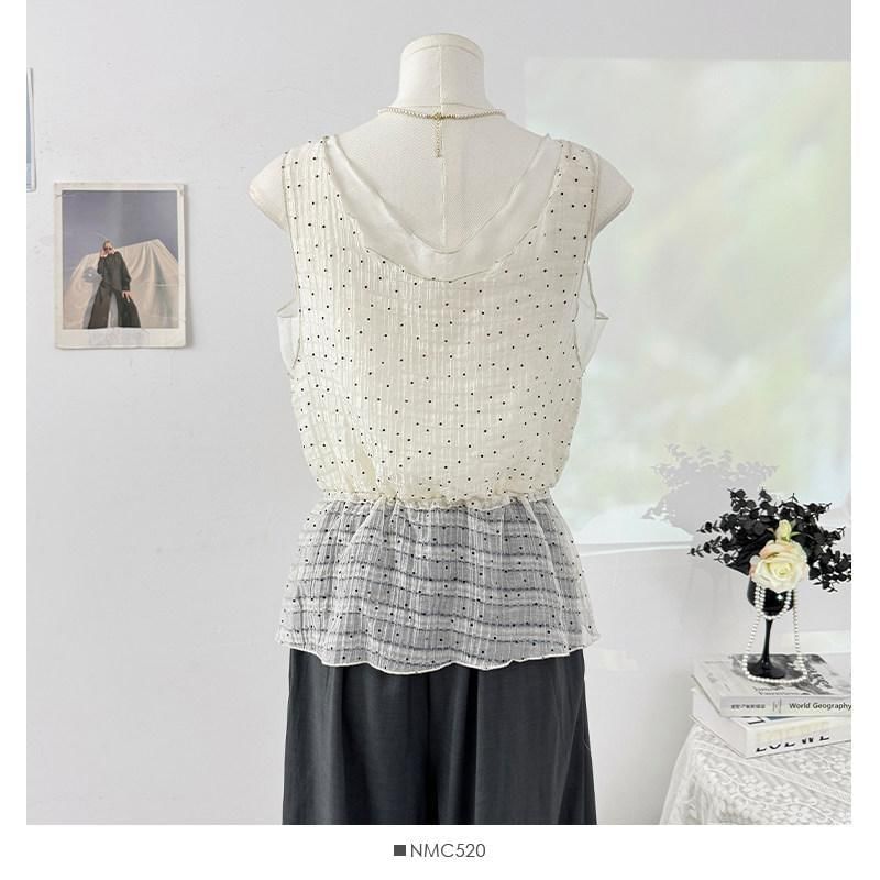 V-Neck Micro Dot Mesh Panel Drawstring Waist Tank Top
