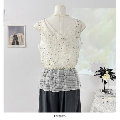V-Neck Micro Dot Mesh Panel Drawstring Waist Tank Top