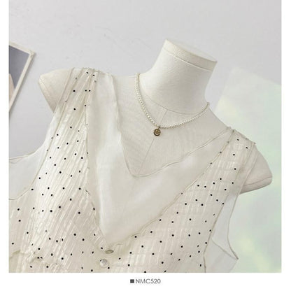 V-Neck Micro Dot Mesh Panel Drawstring Waist Tank Top