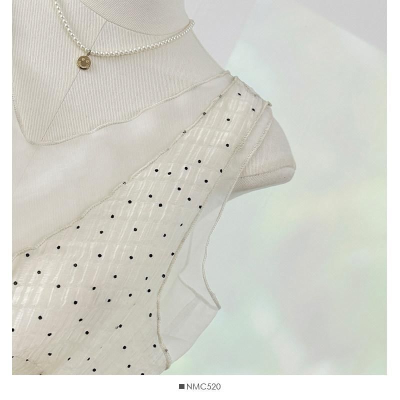 V-Neck Micro Dot Mesh Panel Drawstring Waist Tank Top