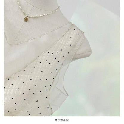 V-Neck Micro Dot Mesh Panel Drawstring Waist Tank Top