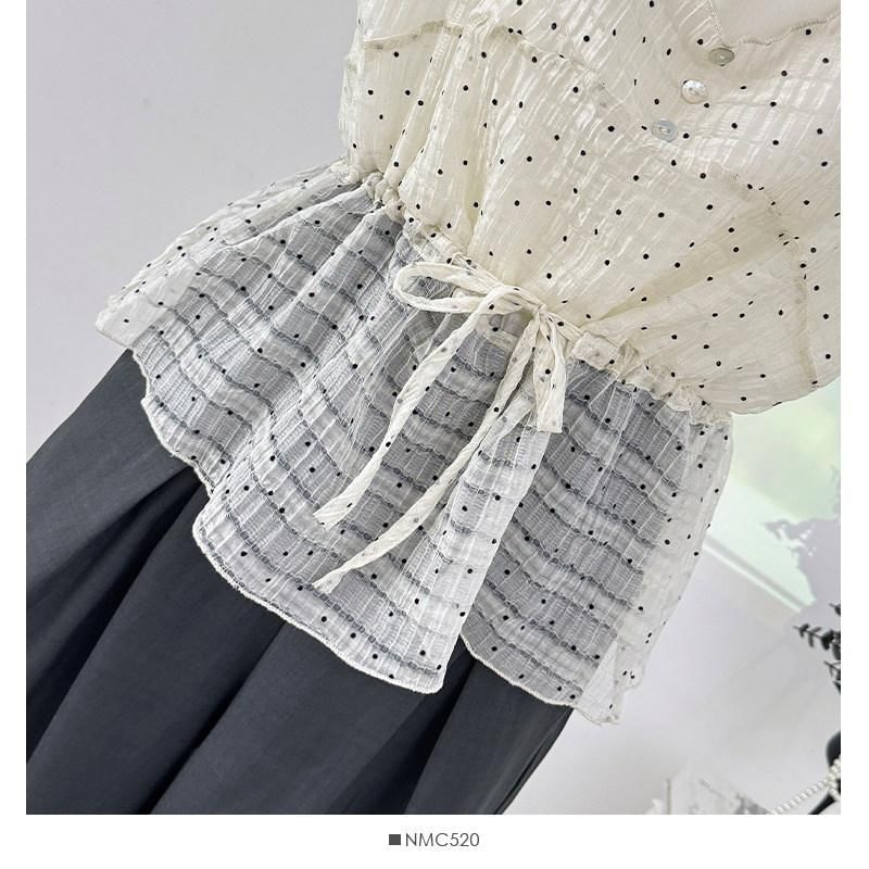 V-Neck Micro Dot Mesh Panel Drawstring Waist Tank Top