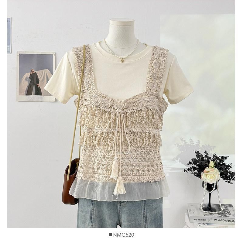 Set: Short-Sleeve Crew Neck Plain Crop T-Shirt + Square Neck Fringed Crochet Knit Tank Top